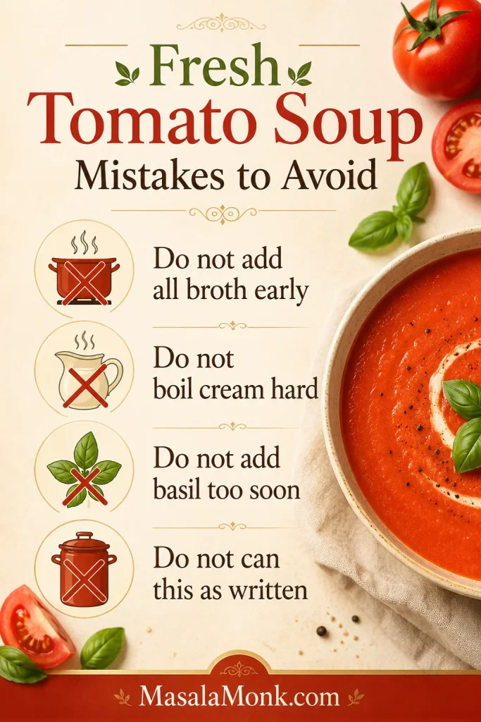 A guide card listing common fresh tomato soup mistakes, including adding broth too early, boiling cream, adding basil too soon, and canning the soup as written.