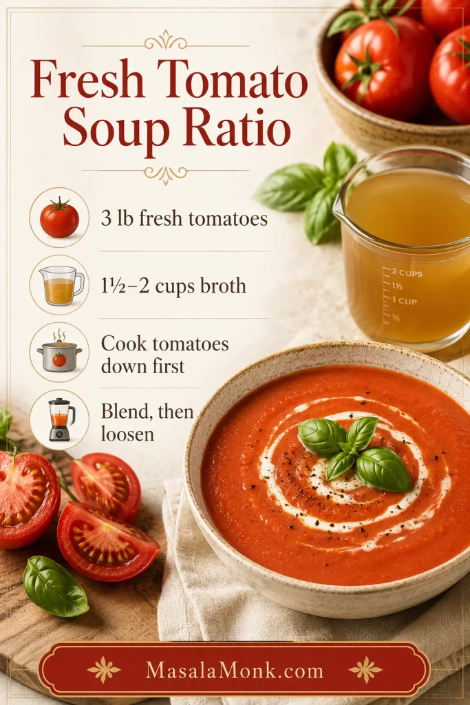 A guide card showing the ratio for fresh tomato soup with 3 pounds of tomatoes and 1 1/2 to 2 cups of broth.