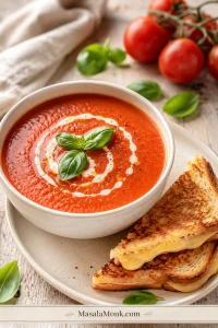 A bowl of smooth fresh tomato soup topped with basil and a cream swirl, with grilled cheese on the side.