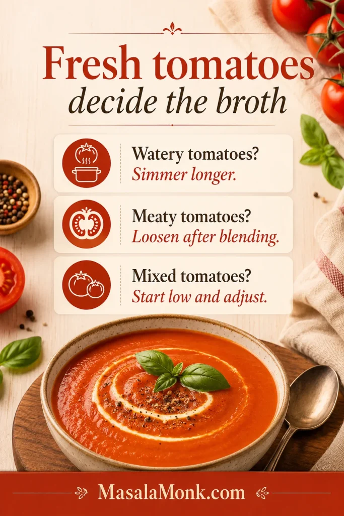 A guide card explaining that fresh tomatoes decide how much broth tomato soup needs.