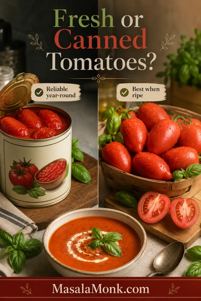 Comparison board with canned tomatoes on one side and ripe fresh tomatoes on the other for tomato basil soup.