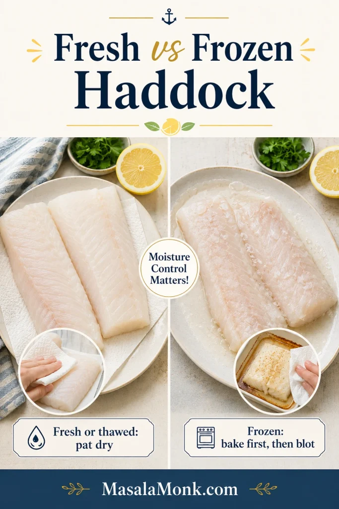 Side-by-side comparison of fresh or thawed haddock patted dry and frozen haddock needing moisture control before baking.