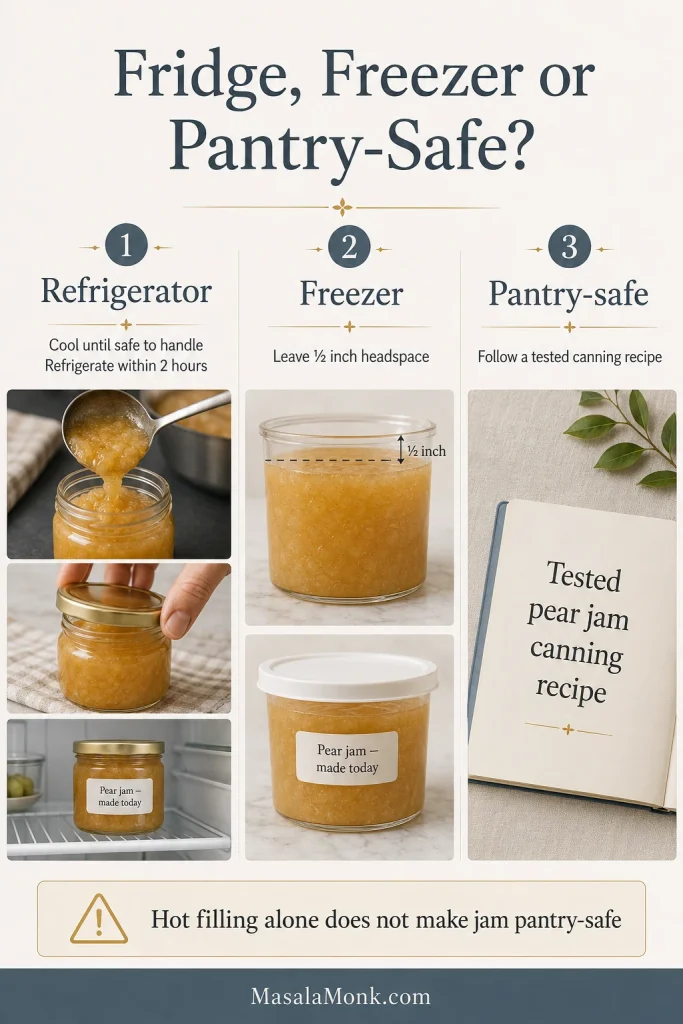 Three storage routes show refrigerated pear jam, a freezer container with headspace and a tested canning-recipe reference.