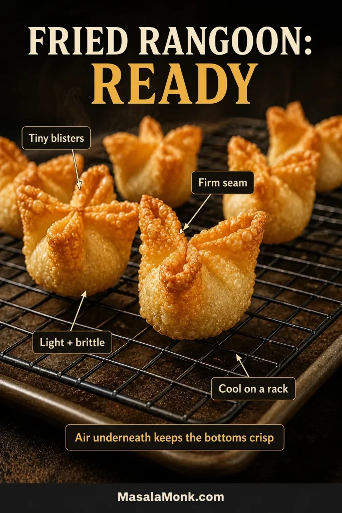 Golden fried crab rangoons cooling in one layer on an elevated wire rack, with small wrapper blisters, firm seams and crisp pointed edges visible.