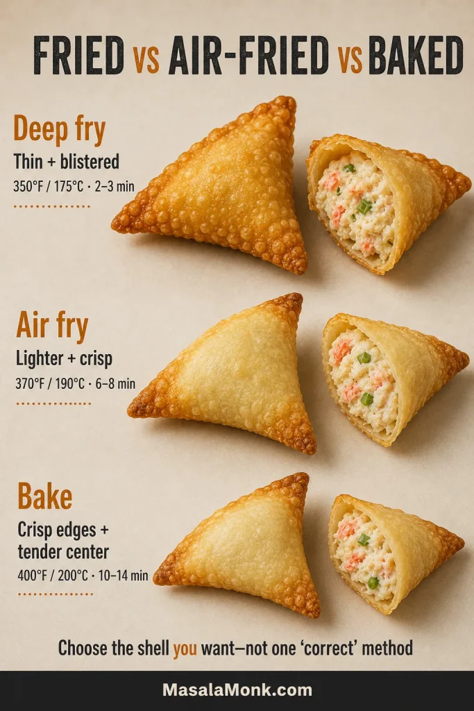 Fried, air-fried and baked crab rangoons shown whole and cut open, with different wrapper colors, surface textures, temperatures and cooking times.
