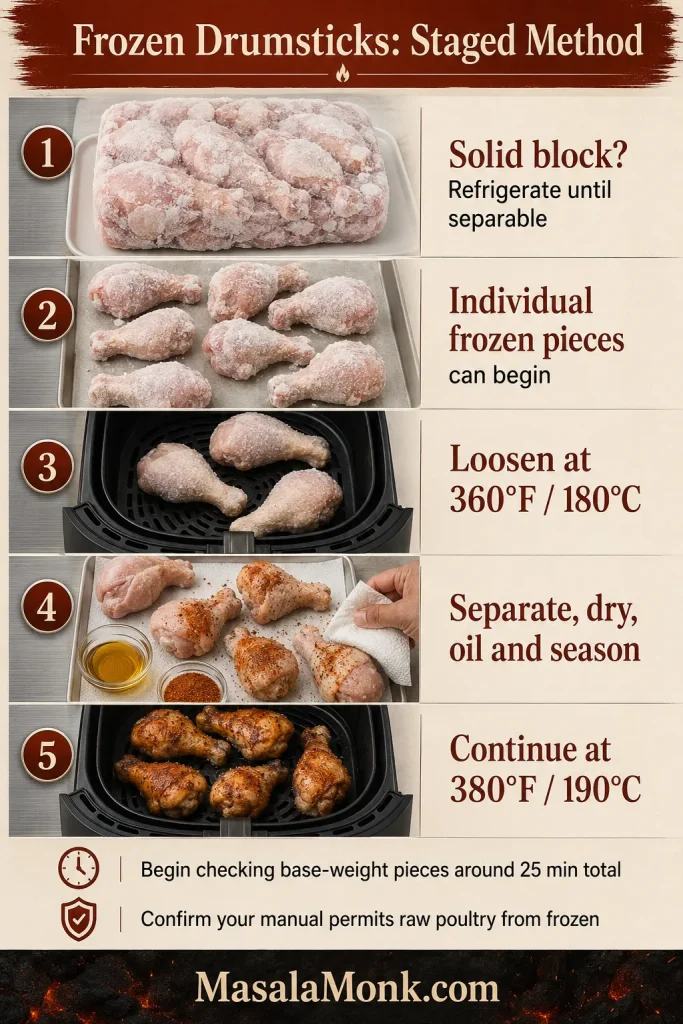 Five-stage frozen drumstick guide showing a frozen block, individual frozen pieces, loosening, drying and seasoning, and continued air frying.