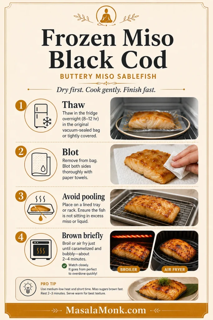 Frozen miso black cod cooking guide with steps to thaw, blot, avoid pooling, and brown briefly.