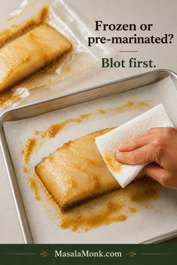 Pre-marinated miso black cod being blotted with a paper towel on parchment after removal from generic packaging.