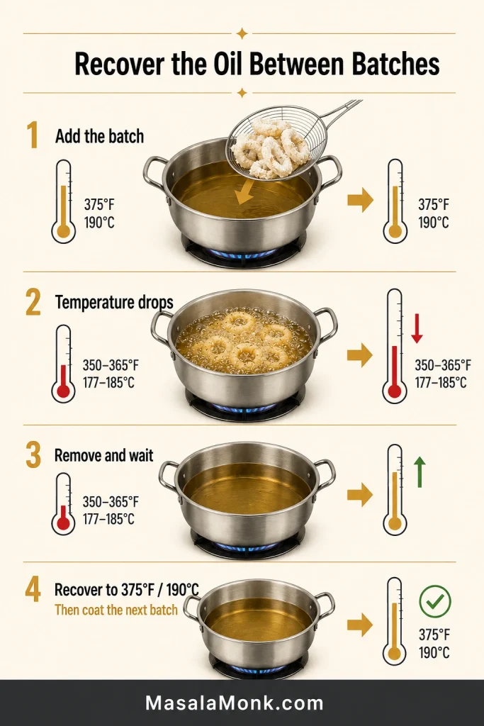 Oil recovery chart showing squid added, temperature dropping, squid removed and oil returning to 375 degrees Fahrenheit.