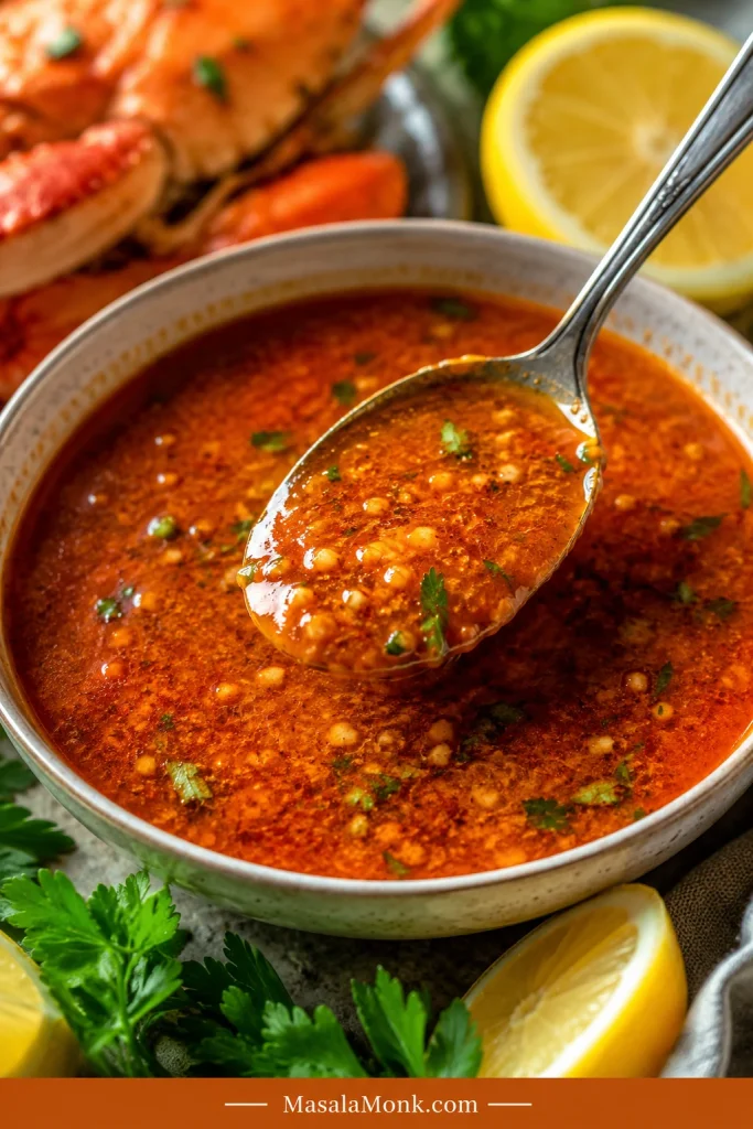 A close-up bowl of red-orange garlic butter Cajun seafood boil sauce with parsley, garlic, and lemon.