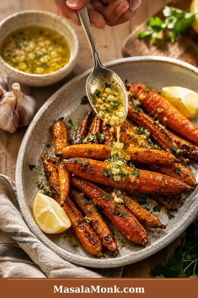Garlic butter being spooned over roasted carrots with parsley and lemon on a ceramic plate.