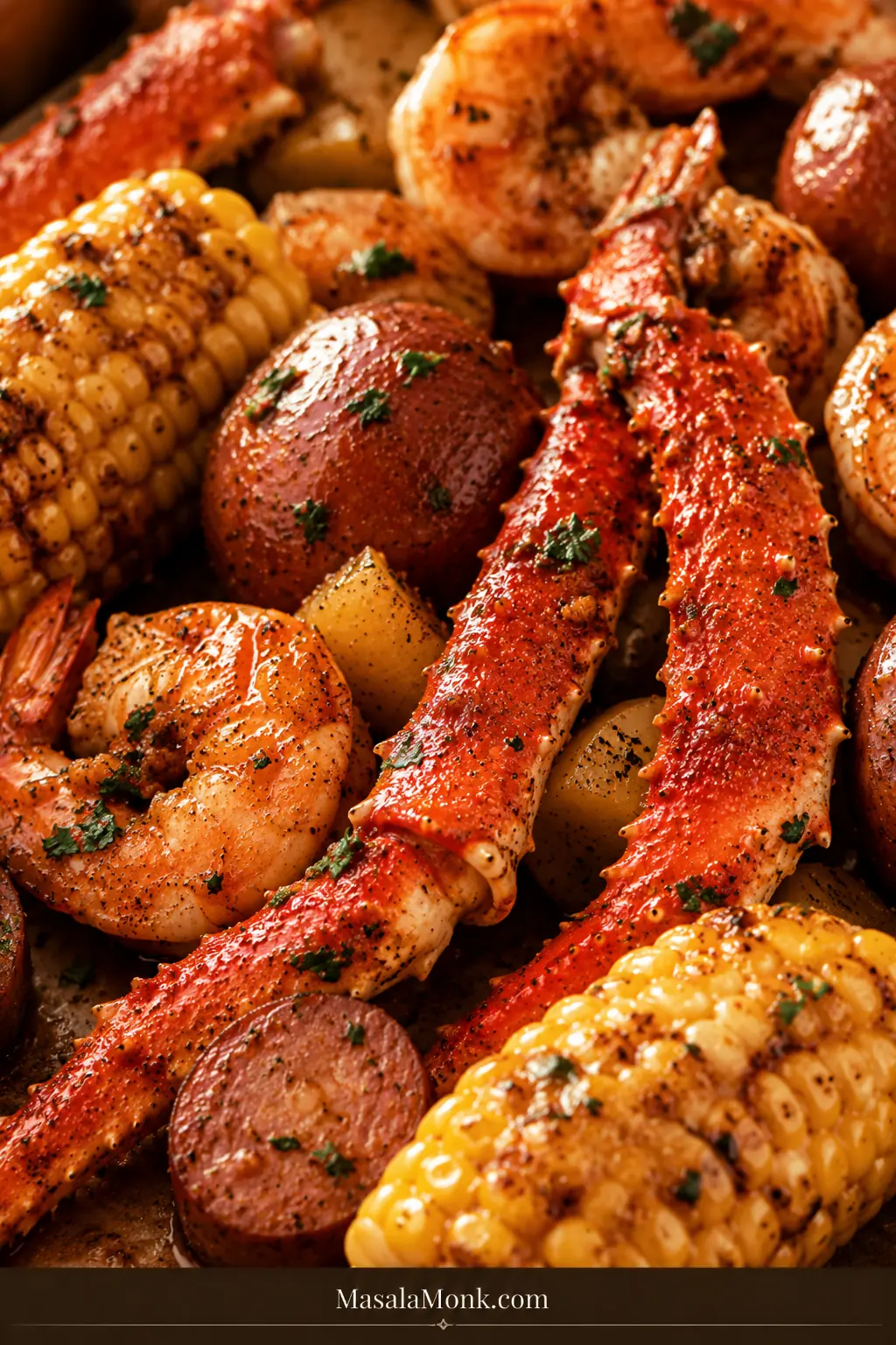 Close-up of sauced shrimp, crab, corn, and potatoes coated in glossy Cajun garlic butter.