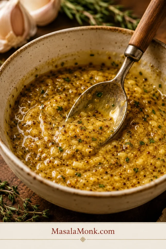 Garlic herb Dijon marinade being mixed in a small bowl for turkey tenderloin.