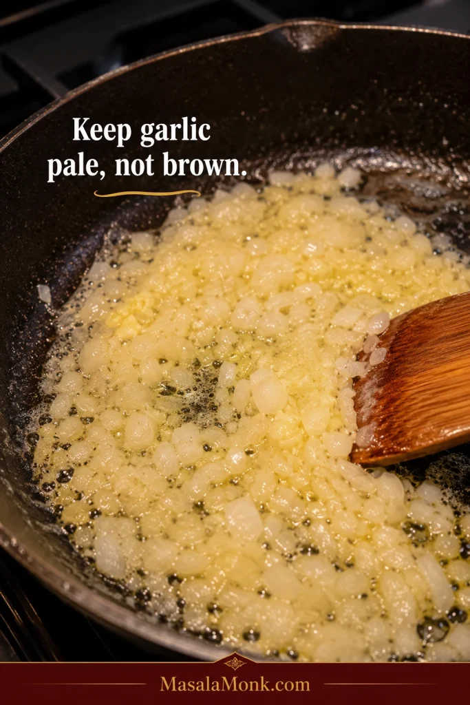 Garlic and onion cooking gently in melted butter for seafood boil sauce.