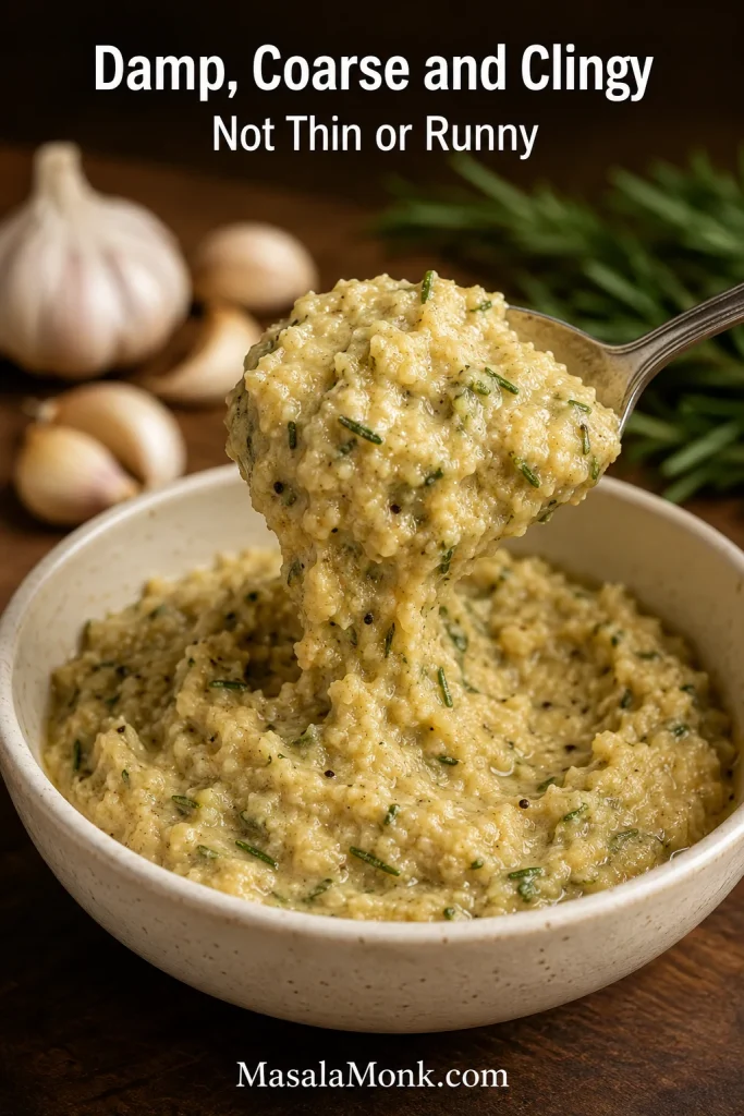 Close-up of pale golden garlic and rosemary paste clinging to a spoon, with black pepper specks and whole garlic blurred behind.