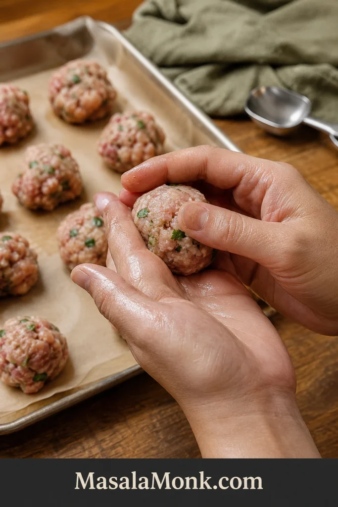 Damp hands gently shaping a raw ground pork meatball while other portions rest on a parchment-lined tray.