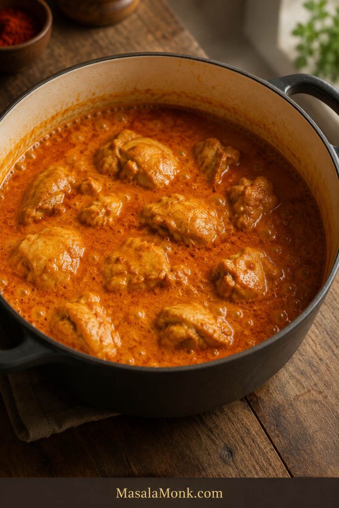 Boneless chicken pieces gently simmering in red-orange paprika sauce with small bubbles around the edge of the pot.