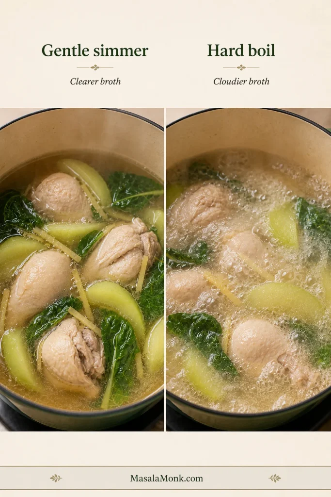 Comparison graphic showing gentle simmer with clearer Chicken Tinola broth beside hard boil with cloudier broth and stronger bubbling.