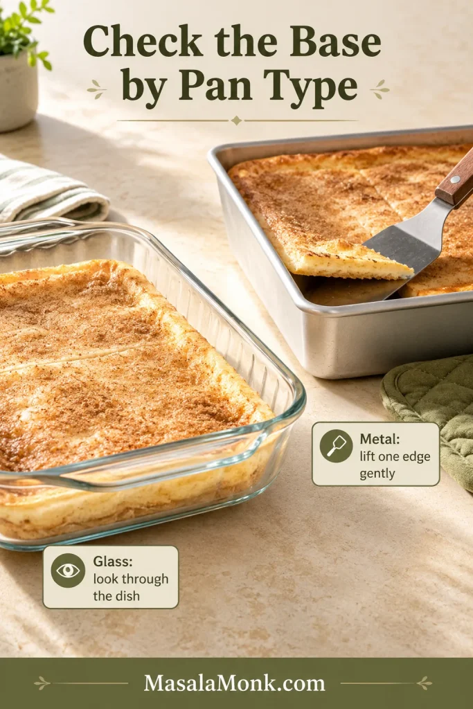Sopapilla Cheesecake in glass and metal pans, showing the base through the glass dish and one metal-pan edge lifted with a spatula.