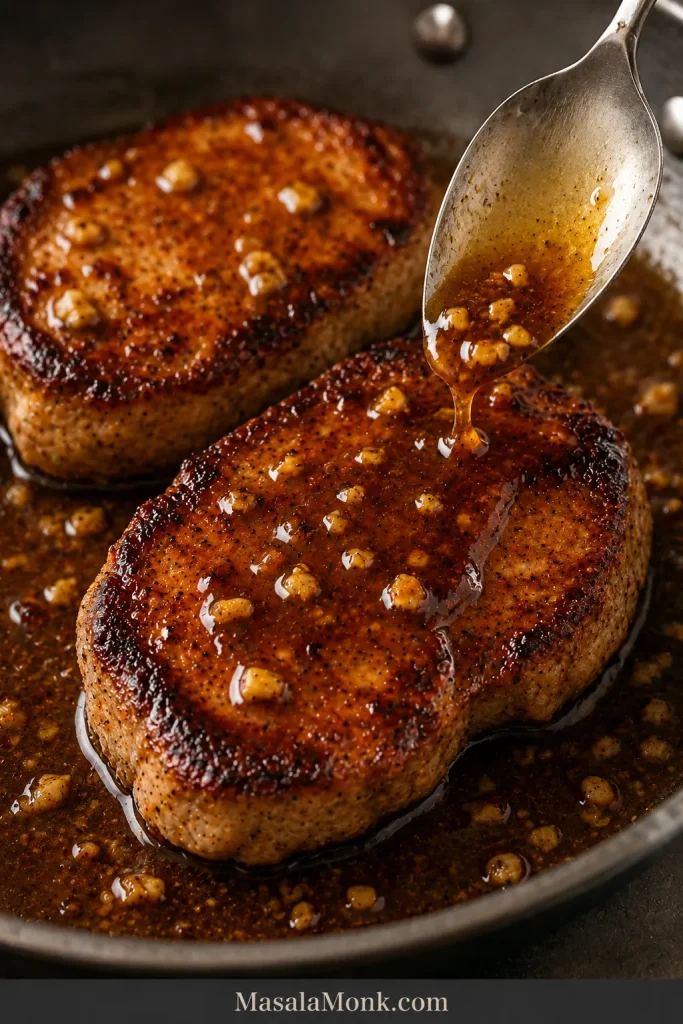 Two browned pork chops in a skillet while translucent amber glaze is spooned over the nearest chop.