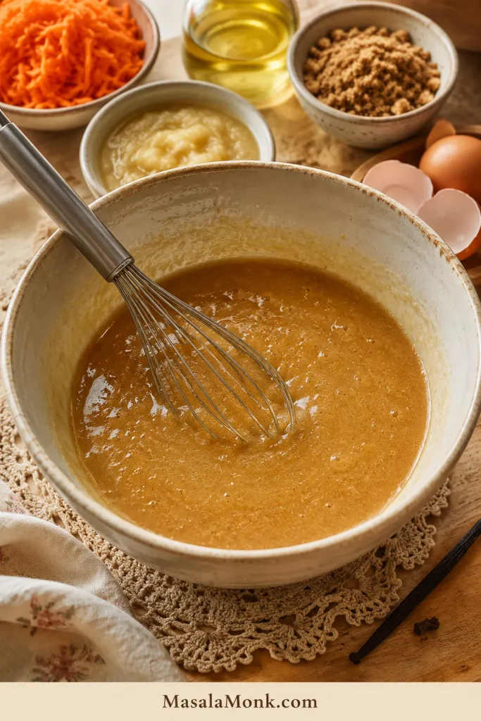 Glossy wet carrot cake mixture in a cream mixing bowl with a spatula, grated carrots, and walnuts nearby.