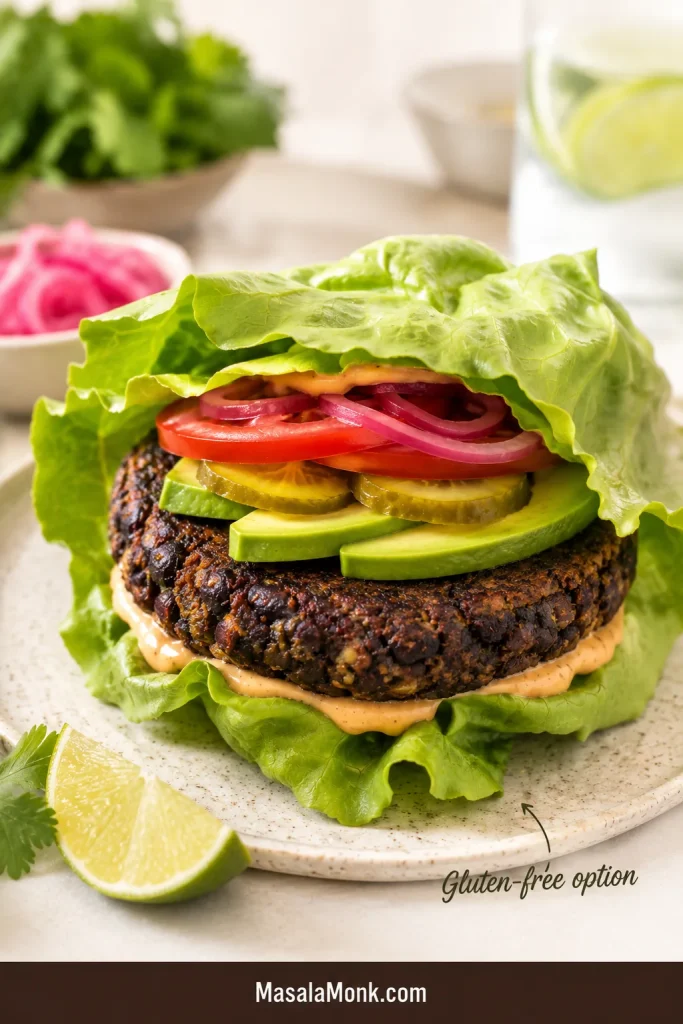 Black bean burger served in a large lettuce wrap with avocado, tomato, pickled onion, pickles, sauce, and lime on a plate.