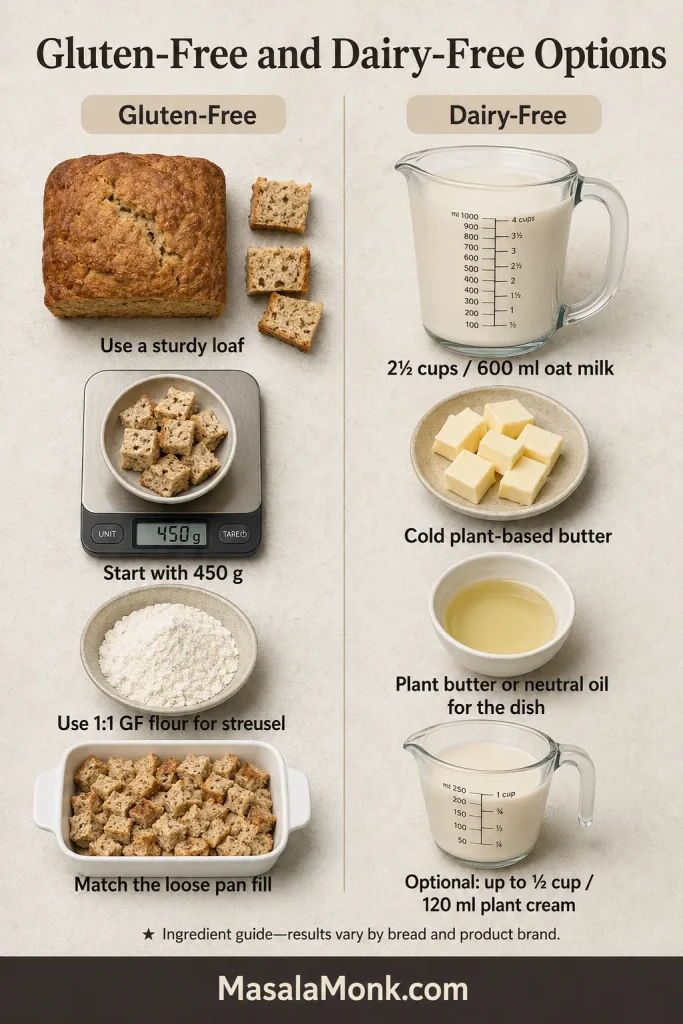 Gluten-free bread, a scale reading 450 grams, gluten-free flour, oat milk, plant-based butter, oil and optional plant cream.
