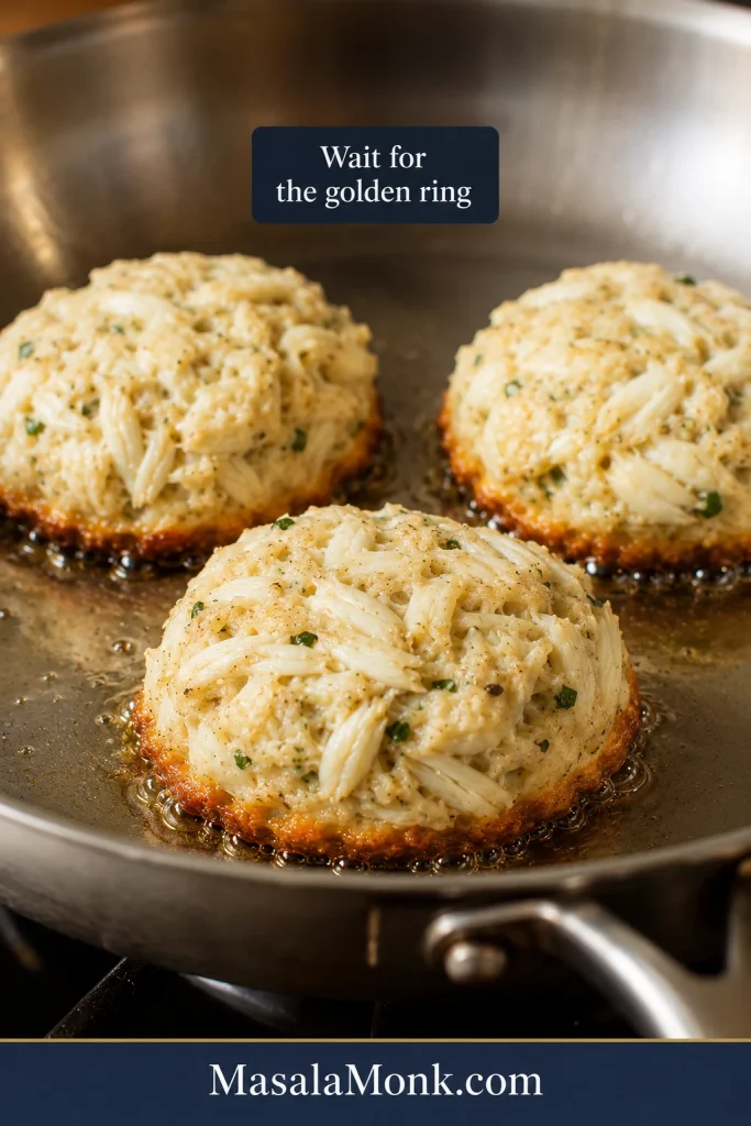 Crab cakes cooking in a skillet with a golden ring forming around the bottom edge before flipping.