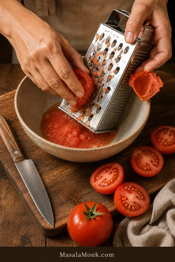 Hands grating fresh tomato halves on a box grater over a bowl of tomato pulp.