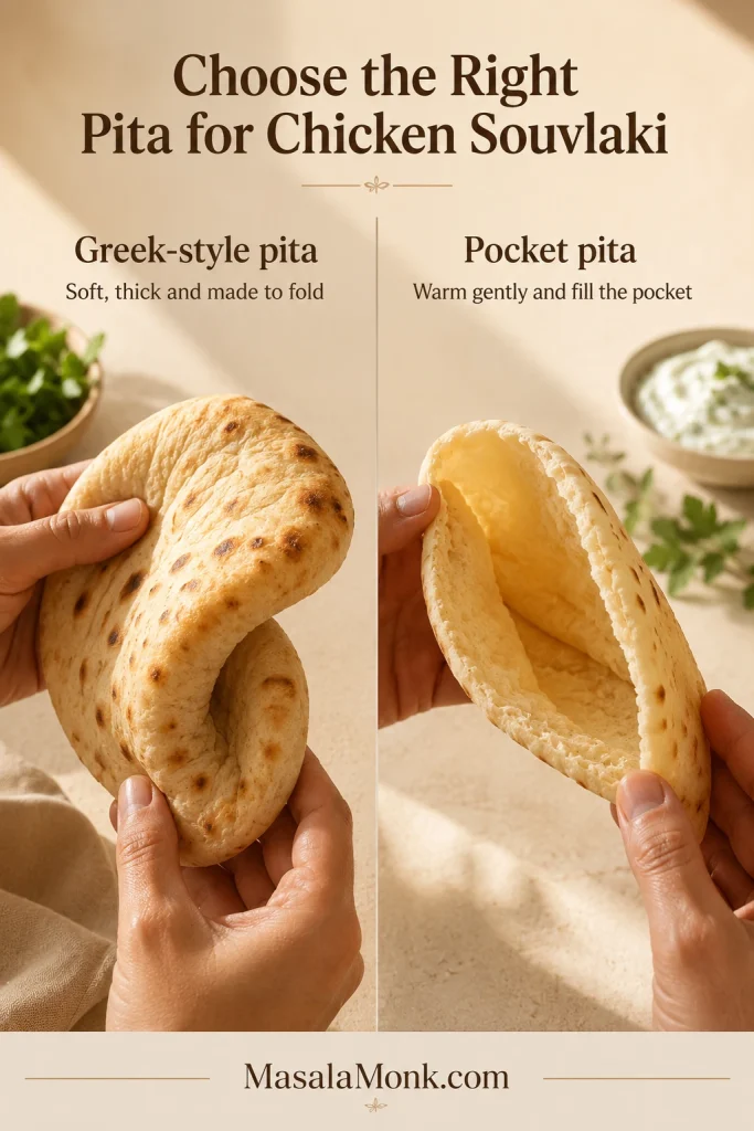 Hands compare a thick, pocketless Greek-style pita with a thinner pita opened to reveal its internal pocket.