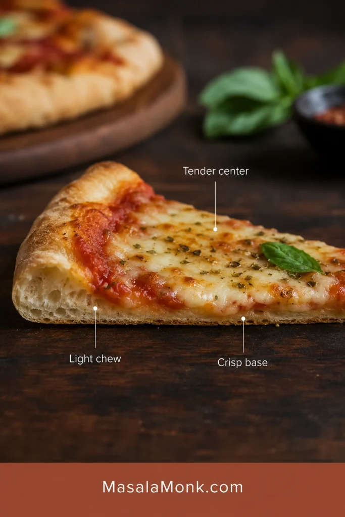 Close-up of a sliced Greek yogurt pizza crust showing a golden edge and tender close-textured crumb.