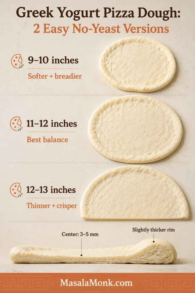 Thickness guide showing 9–10 inch, 11–12 inch and 12–13 inch Greek yogurt pizza bases.