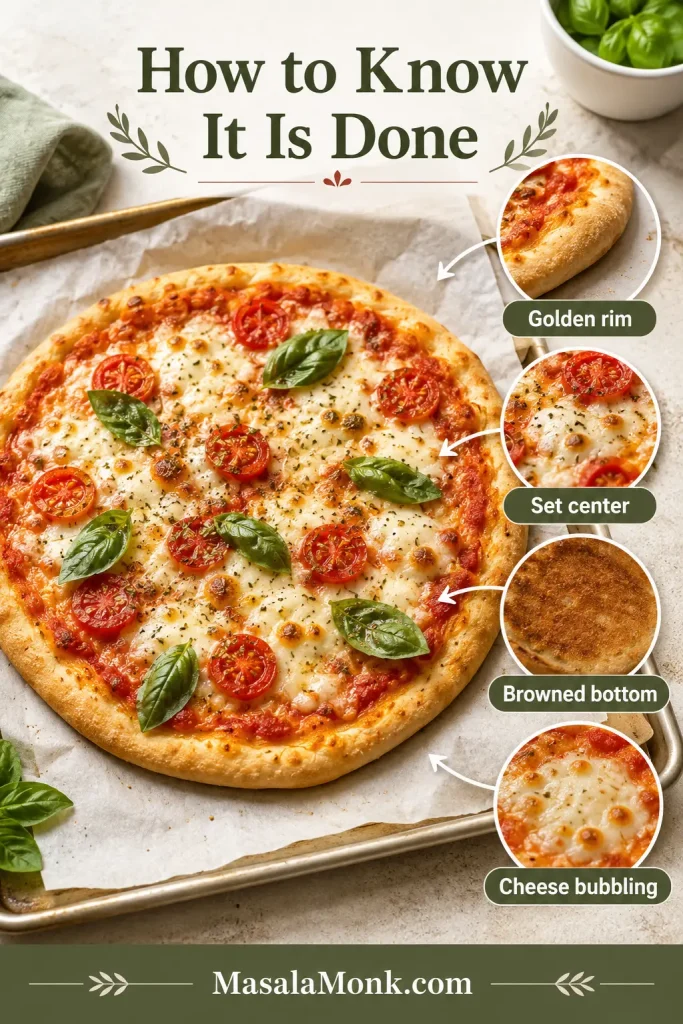 Finished Greek yogurt pizza with callouts for golden rim, set center, browned bottom and bubbling cheese.