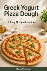 Round homemade pizza with tomato sauce, melted cheese, basil leaves and one slice pulled away.