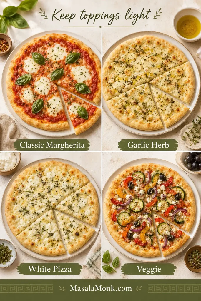 Four topping variations for Greek yogurt pizza labeled Margherita-style, Garlic Herb, White Pizza and Veggie.