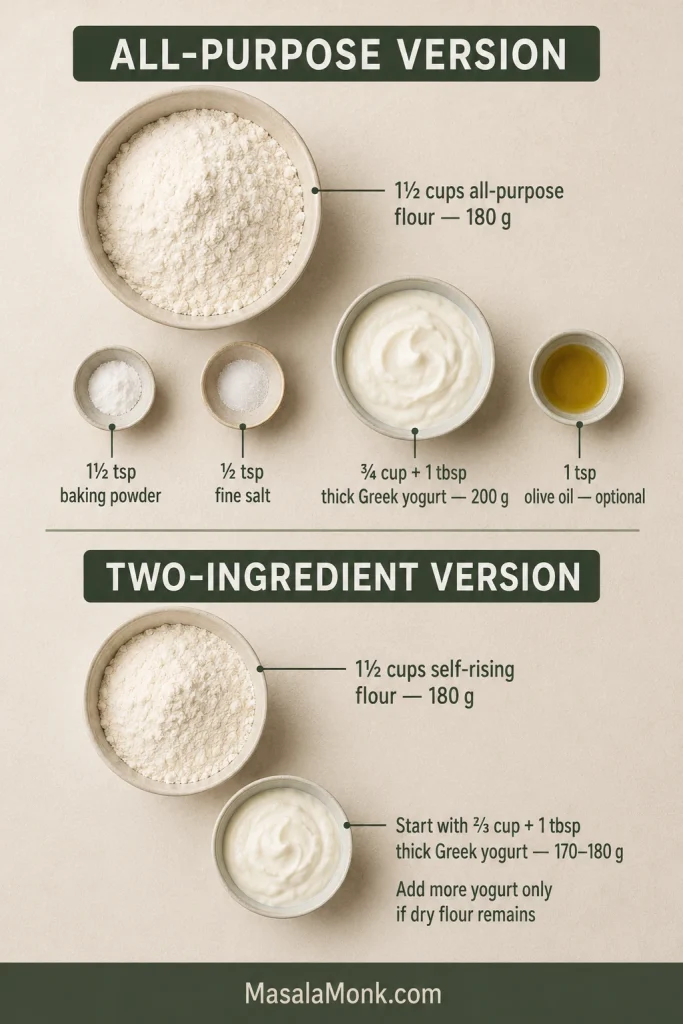 Ingredient guide showing two Greek yogurt pizza dough routes with flour, yogurt, baking powder, salt and olive oil.