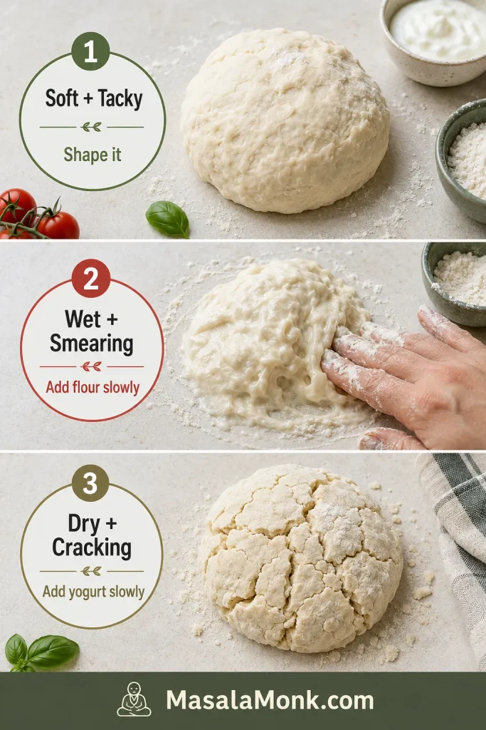 Three-panel dough texture guide showing soft tacky dough, wet smearing dough and dry cracked dough.