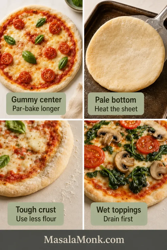 Four-panel troubleshooting guide showing gummy center, pale bottom, tough crust and wet toppings on pizza.