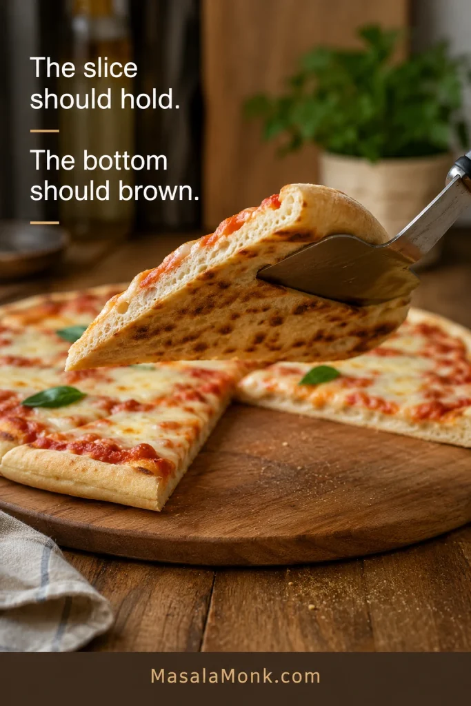 Pizza slice lifted with a spatula to show the browned bottom of a Greek yogurt pizza crust.