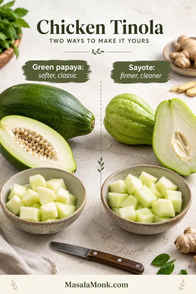 Green papaya and sayote shown side by side with whole and cut pieces for comparing vegetables used in Chicken Tinola.