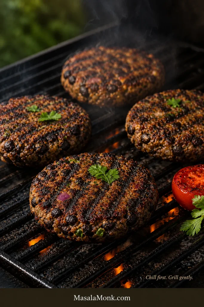 Black bean burger patties with light char marks cooking on a grill with smoke, herbs, and a grilled tomato nearby.