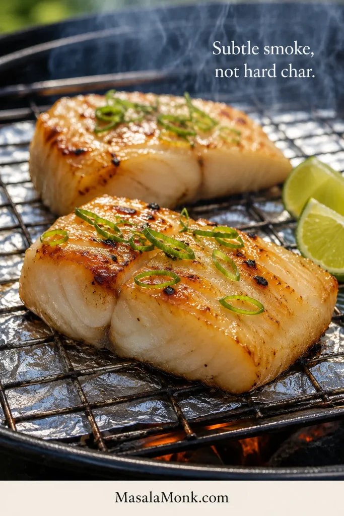 Grilled black cod fillets on a foil-lined grill basket with scallions, lime, light smoke, and glossy miso glaze.