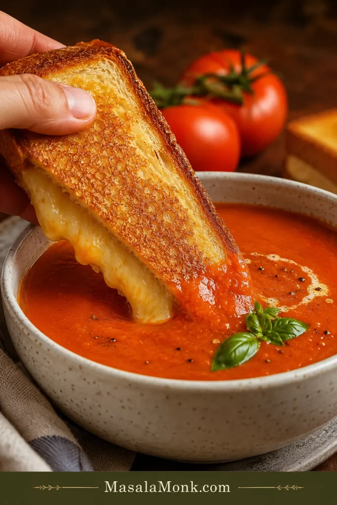 A grilled cheese sandwich being dipped into a bowl of tomato soup.