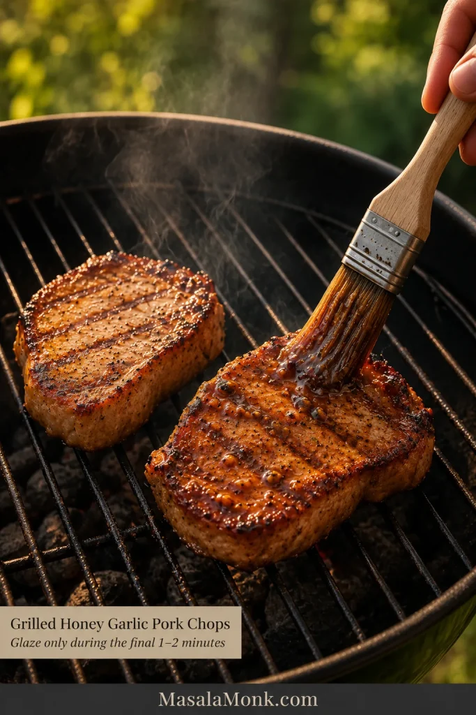 Grilled honey garlic pork chops on outdoor grates while one chop is brushed with amber glaze near the end of cooking.