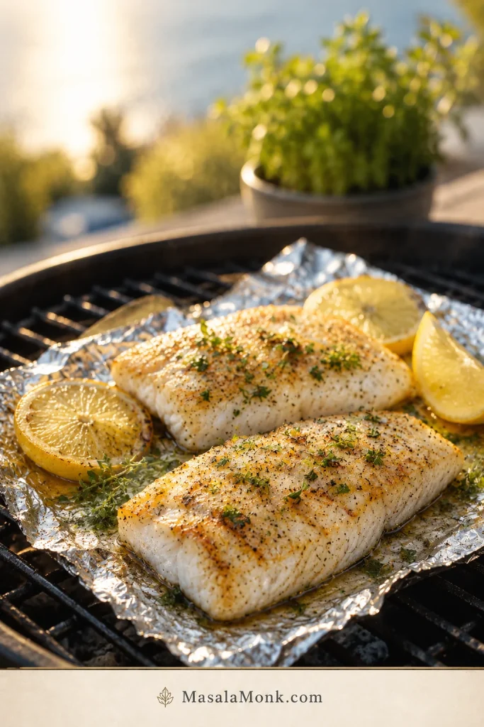Grilled rockfish fillets with lemon and herbs cooking on foil over a grill.