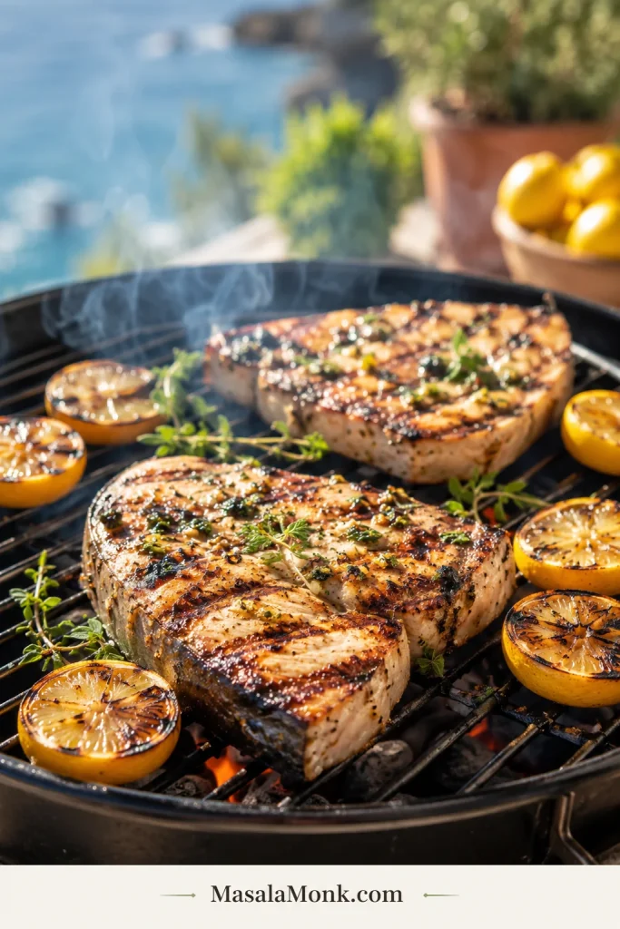 Grilled swordfish steaks with char marks, lemon, herbs, and a bright outdoor-style serving setup.