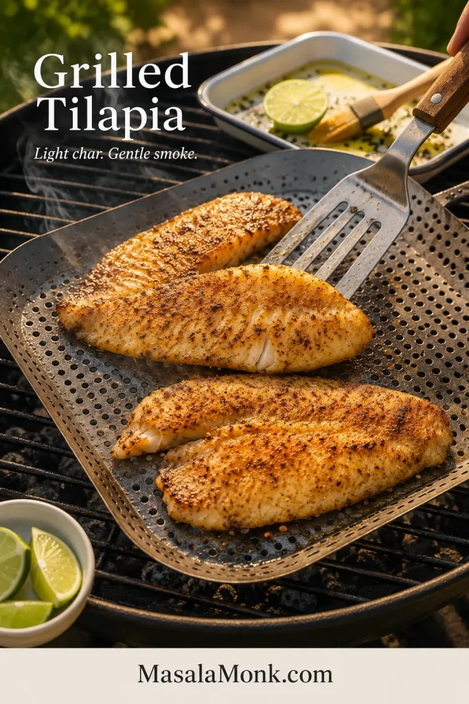 Seasoned tilapia fillets cooking inside a perforated grill basket outdoors, with one fillet being lifted by a spatula and lime wedges nearby.