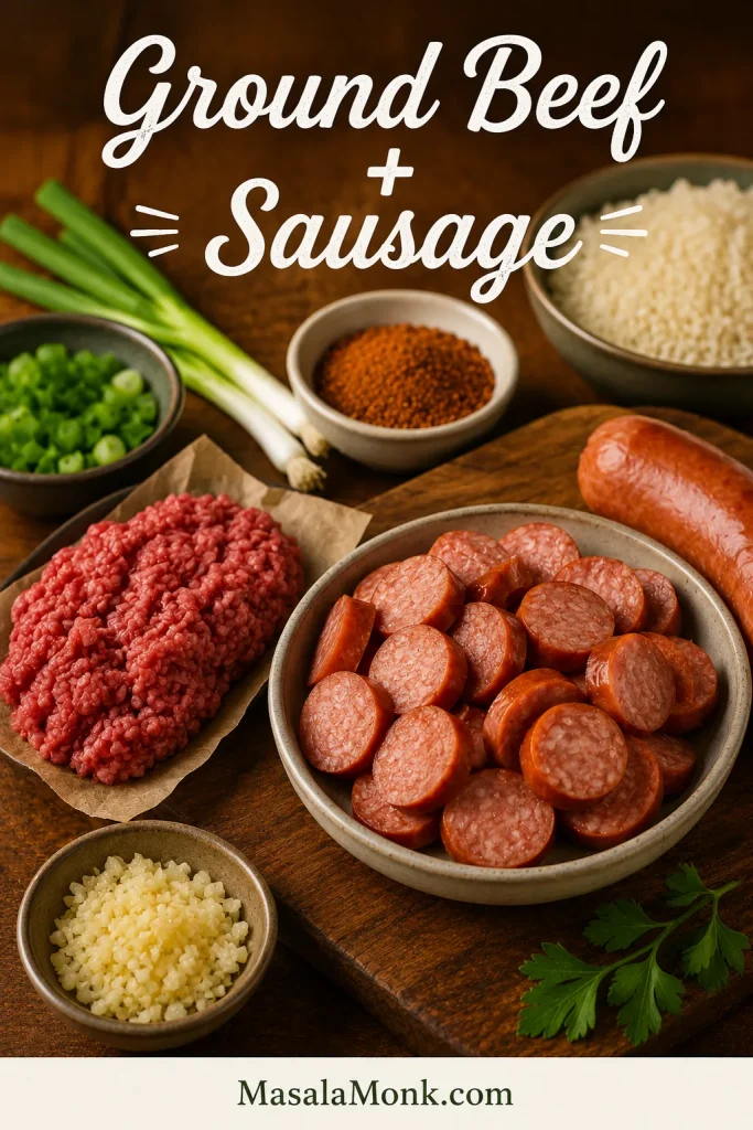 Ground beef, sliced sausage, rice, garlic, green onions, and Cajun seasoning arranged on a warm wooden prep board.