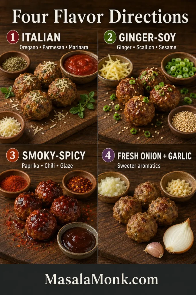 Four flavor directions for pork meatballs: Italian, ginger-soy, smoky-spicy, and fresh onion with garlic.