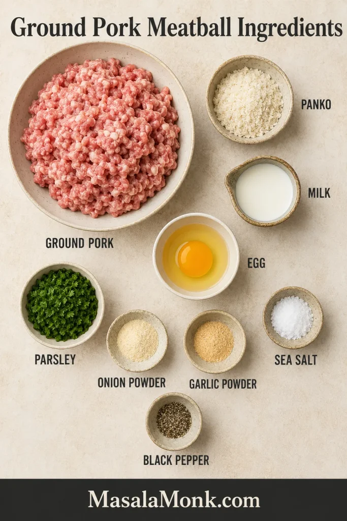 Overhead ingredient board with ground pork, panko, milk, egg, parsley, onion powder, garlic powder, sea salt, and black pepper.